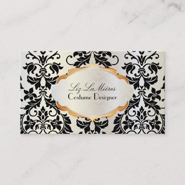 PixDezines vintage tanza damask/black+pearl Business Card (Front)