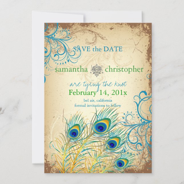 PixDezines vintage teal peacock Save The Date (Front)