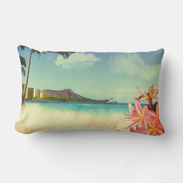 PixDezines vintage waikiki beach/diamond head Lumbar Pillow (Front)