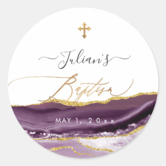 PixDezines Watercolor Agate Aubergine Gold Baptism Classic Round Sticker