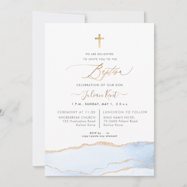 PixDezines Watercolor Agate Baby Blue Gold Baptism Invitation (Front)