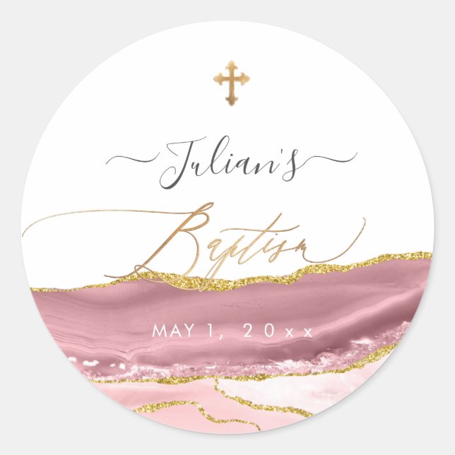 PixDezines Watercolor Agate Dusty Mauve Baptism Classic Round Sticker (Front)