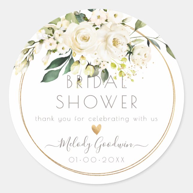 PixDezines Watercolor Alabaster Roses+Greenery Classic Round Sticker (Front)