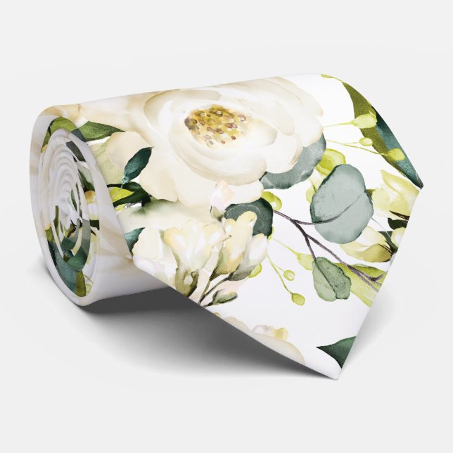 PixDezines Watercolor Alabaster Roses Neck Tie (Rolled)