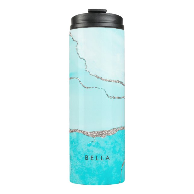 PixDezines WATERCOLOR AQUA AGATE FAUX SILVER Thermal Tumbler (Front)