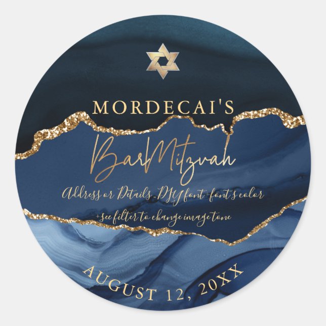 PixDezines Watercolor Blue Agate Bar Mitzvah  Classic Round Sticker (Front)