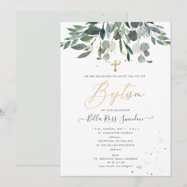PixDezines Watercolor Blue Gum Greenery  Baptism Invitation (Front/Back)