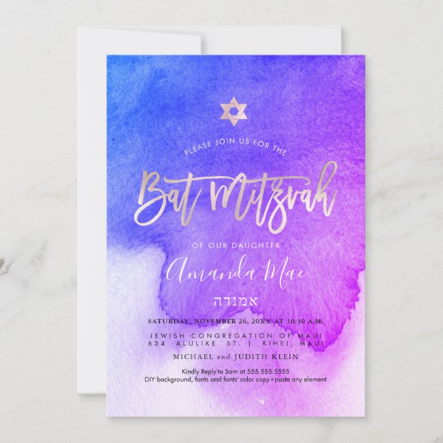 PixDezines Watercolor Blue+Pink Bat Mitzvah Invitation (Front)