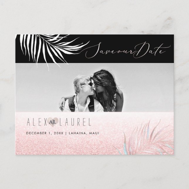 PixDezines Watercolor Blush Palm, Save the Date Postcard (Front)