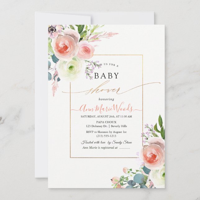 PixDezines Watercolor Blush Peonies Baby Shower Invitation (Front)