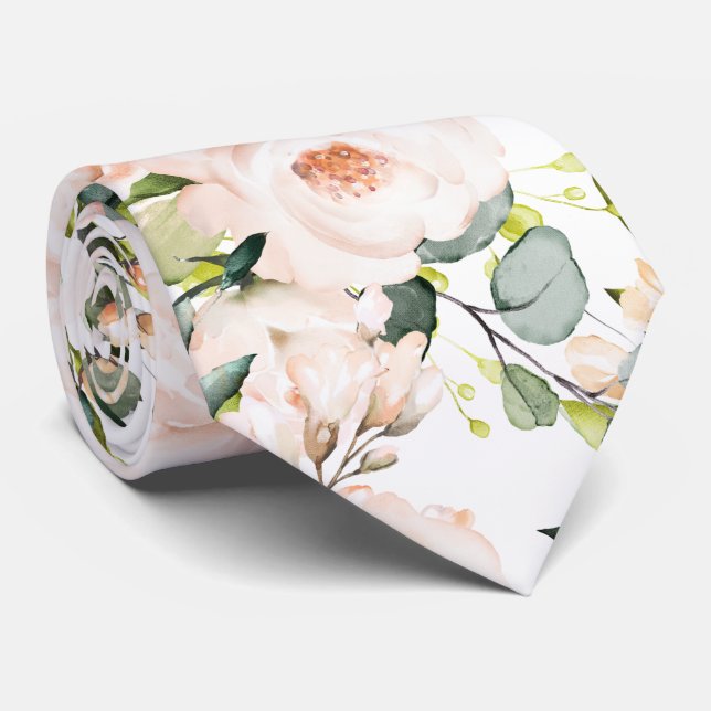 PixDezines Watercolor Blush Peonies Roses Neck Tie (Rolled)