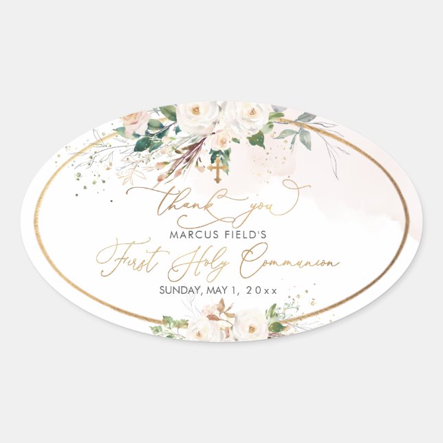 PixDezines watercolor blush pink roses Communion C Oval Sticker (Front)
