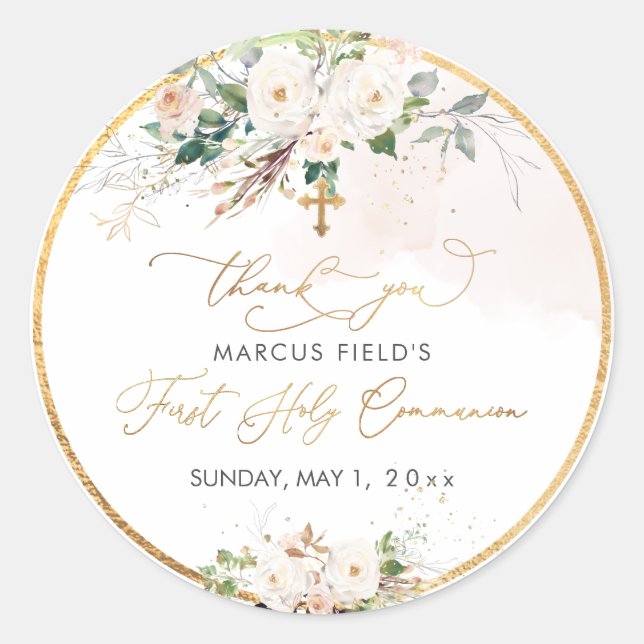 PixDezines watercolor blush pink roses Communion Classic Round Sticker (Front)