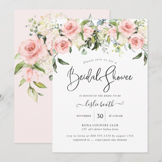 PixDezines Watercolor Blush Roses Bridal Shower Invitation (Front/Back)