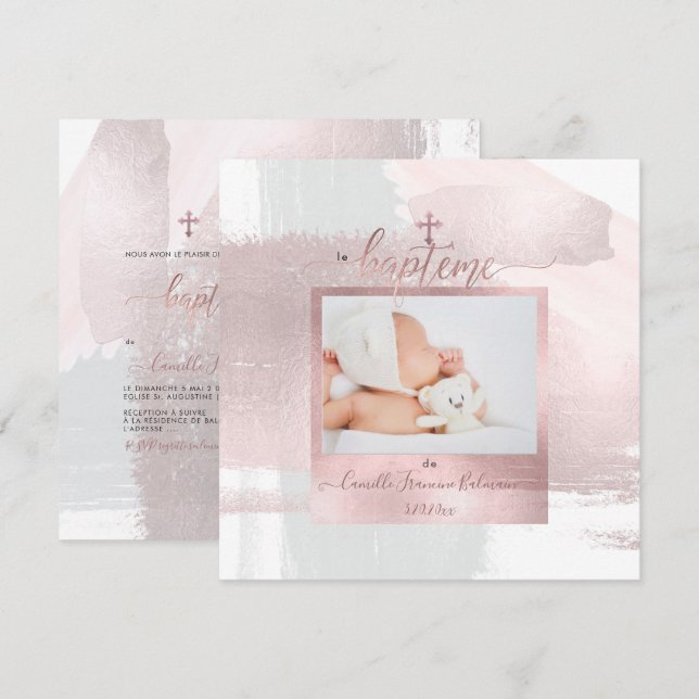 PixDezines Watercolor Brush Stroke, Baptême Fille Invitation (Front/Back)