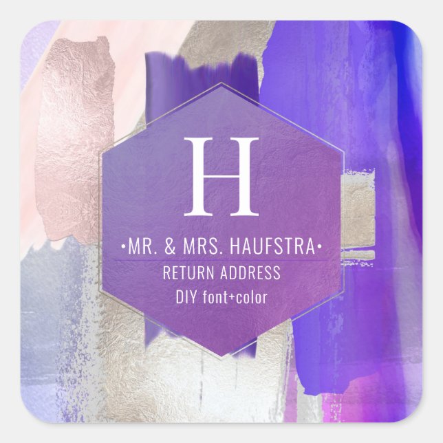 PixDezines Watercolor Brushes Violet Silver Blush Square Sticker (Front)