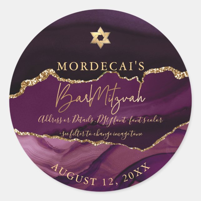 PixDezines Watercolor Burgundy Agate Bar Mitzvah Classic Round Sticker (Front)