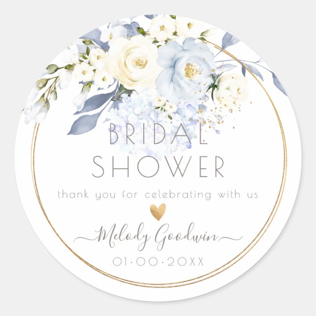 PixDezines Watercolor Cream Dusty Blue Roses   Classic Round Sticker (Front)