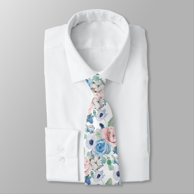 PixDezines Watercolor Dusty Blue Rose Peonies Neck Tie (Tied)