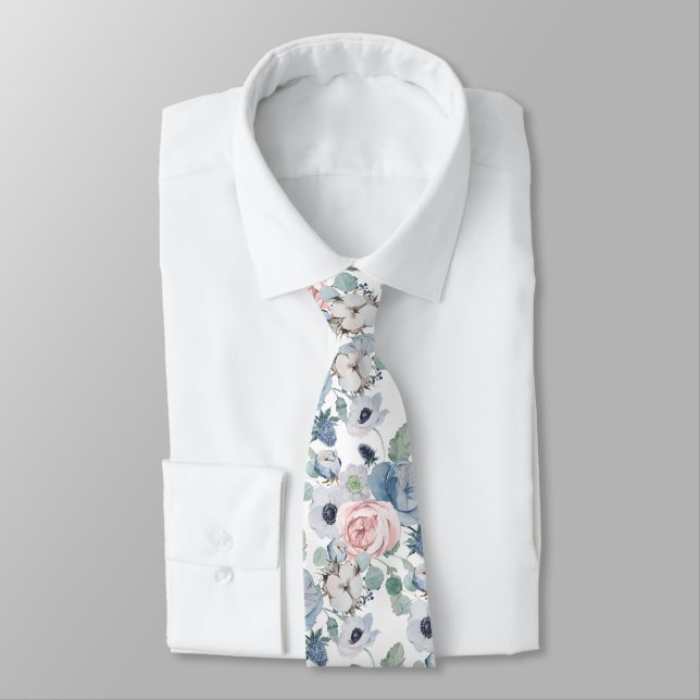 PixDezines Watercolor Dusty Blue Rose Peonies Tie (Tied)