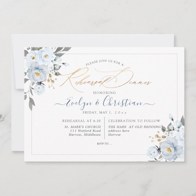 PixDezines Watercolor Dusty Blue Roses Invitation (Front)