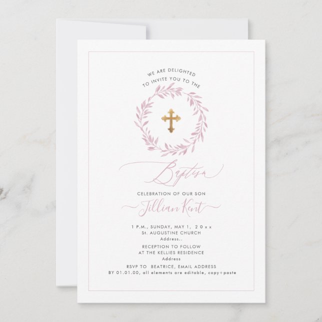 PixDezines Watercolor Dusty Pink Wreath Invitation (Front)