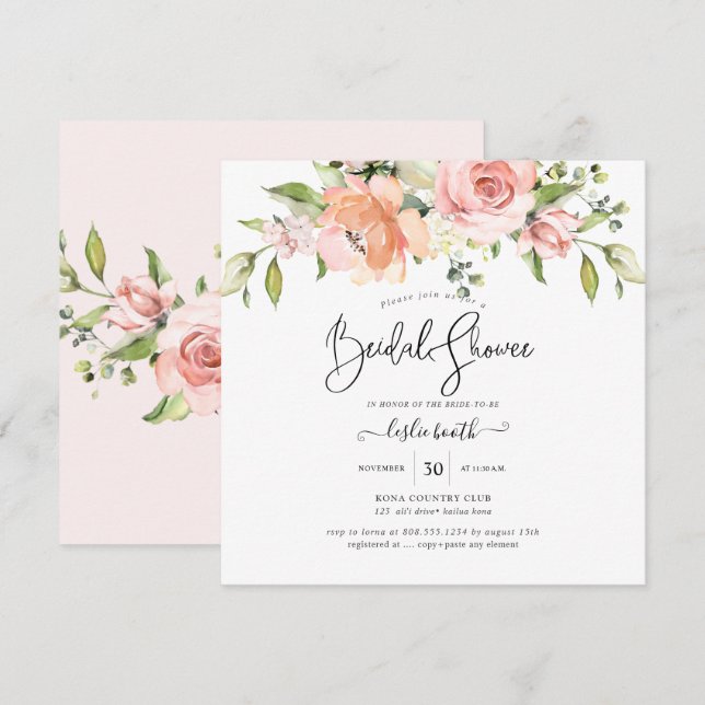 PixDezines Watercolor Dusty Rose Bridal Shower Invitation (Front/Back)
