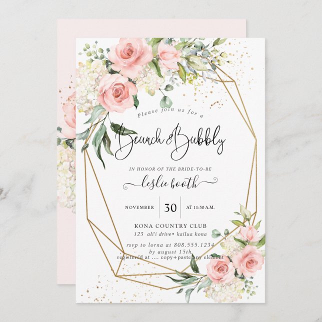 PixDezines Watercolor Dusty Rose Brunch+Bubbly Invitation (Front/Back)
