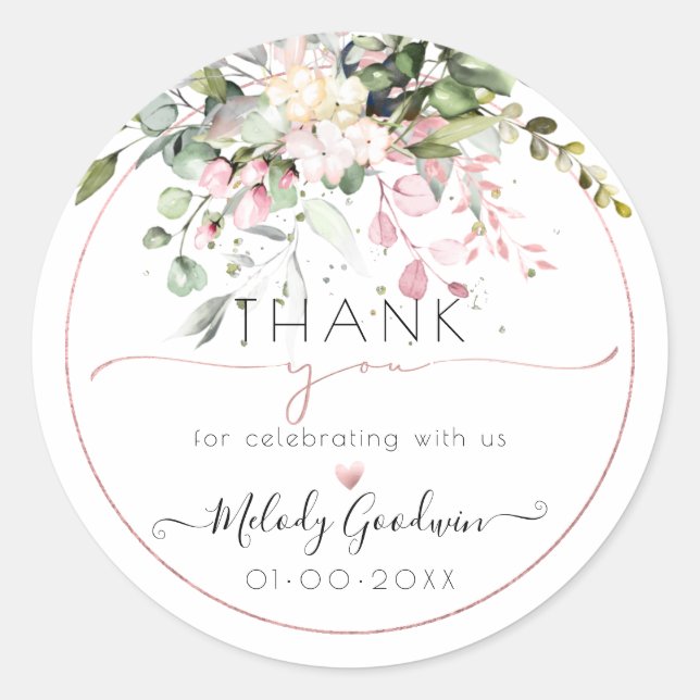 PixDezines Watercolor Elegant Blush Gum Eucalyptus Classic Round Sticker (Front)