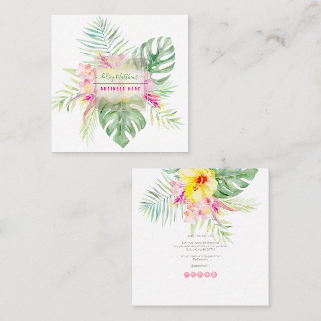 PixDezines Watercolor Elegant Tropical Paradise Square Business Card (Front/Back)