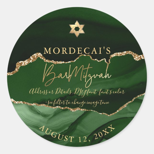 PixDezines Watercolor Emerald Agate Bar Mitzvah Classic Round Sticker (Front)