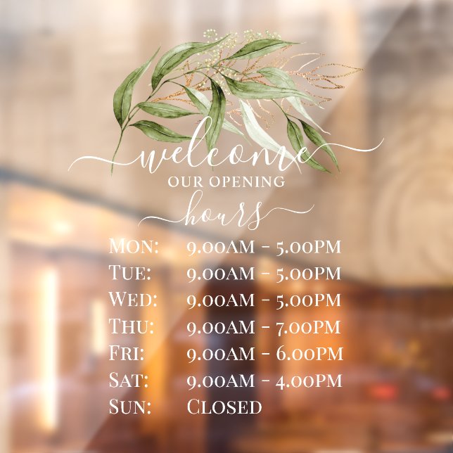 PixDezines Watercolor Eucalyptus Sprig Store Hours Window Cling (Sheet 2)