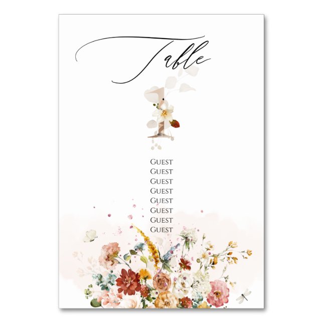 PixDezines Watercolor Fall Garden Flowers Table Number (Front)