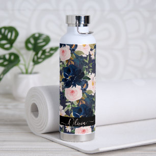 PixDezines Watercolor Flowers Blush Navy Water Bottle