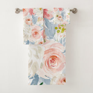 PixDezines Watercolor Flowers Blush Pink Roses Bath Towel Set