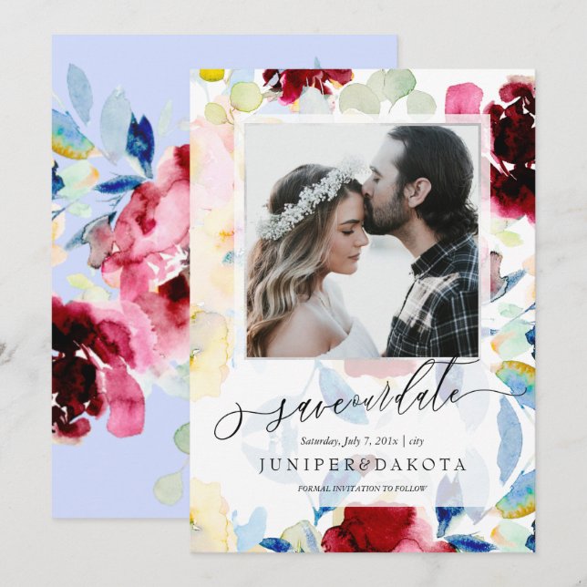 PixDezines Watercolor Flowers Burgundy+Blue Invitation (Front/Back)