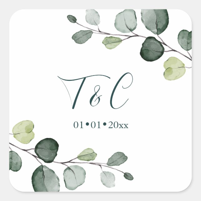 PixDezines Watercolor Foliage Eucalyptus Sprigs Square Sticker (Front)