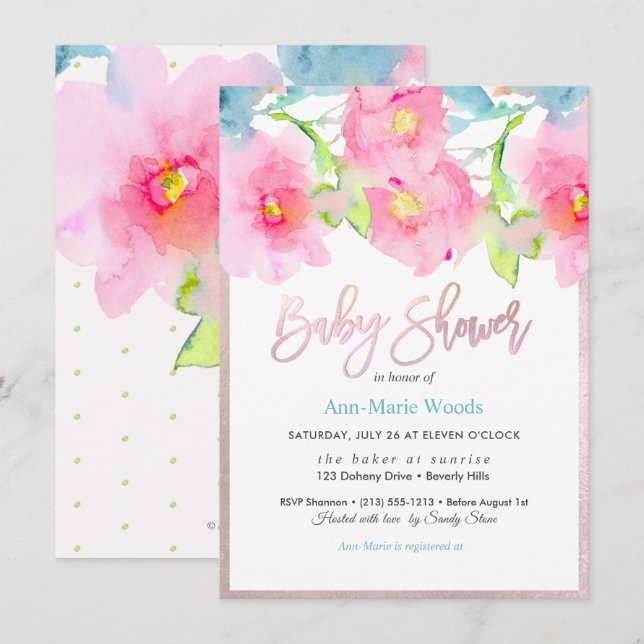 PixDezines Watercolor Garden Roses Baby Shower Invitation (Front/Back)