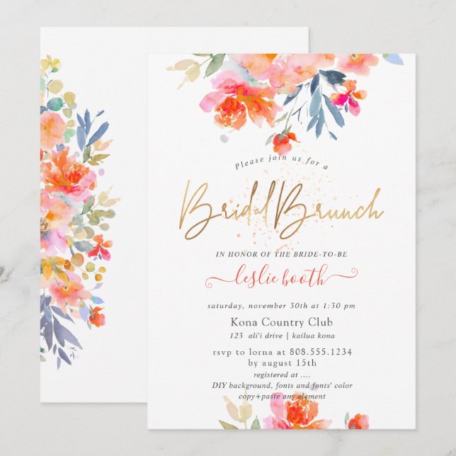 PixDezines Watercolor, Garden Roses Bridal Brunch Invitation (Front/Back)
