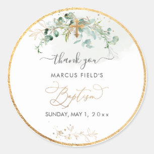 PixDezines Watercolor Greenery Eucalyptus Baptism Classic Round Sticker
