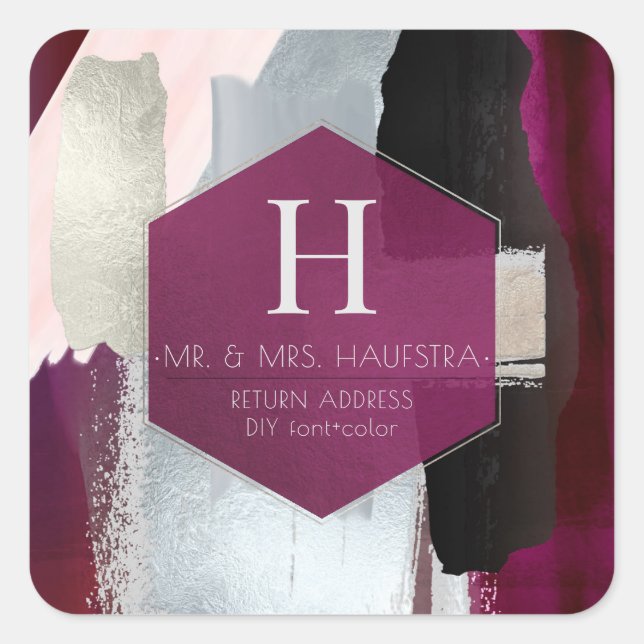 PixDezines Watercolor Modern Art Burgundy Silver Square Sticker (Front)