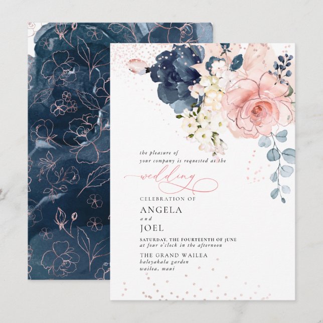 PixDezines Watercolor Navy Blush flowers Invitatio Invitation (Front/Back)
