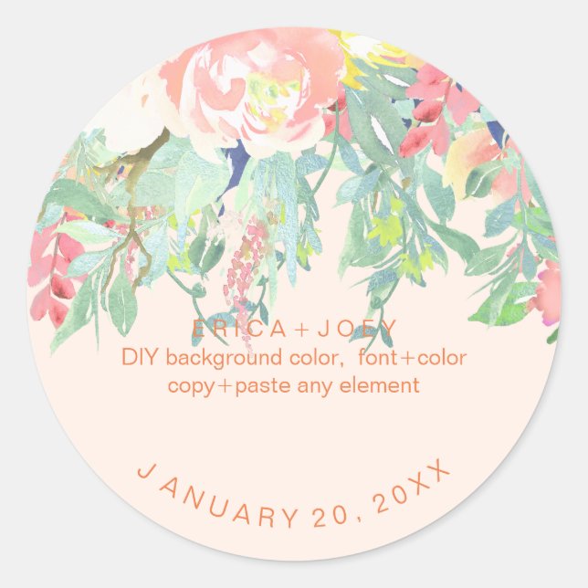 PixDezines Watercolor Peonies Peach+Mint Classic Round Sticker (Front)