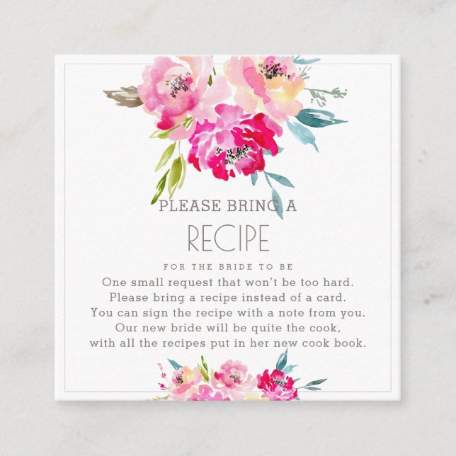 PixDezines Watercolor Peonies Recipe Request Enclosure Card (Front)