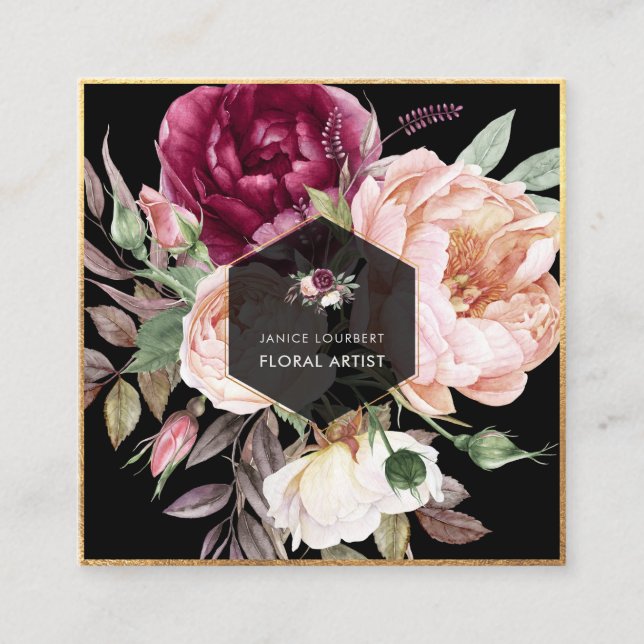 PixDezines Watercolor Peonies Square Business Card (Front)