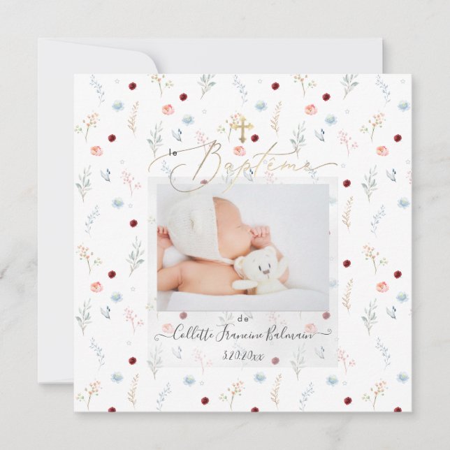 PixDezines Watercolor Petite Fleurs Baptême Fille Invitation (Front)