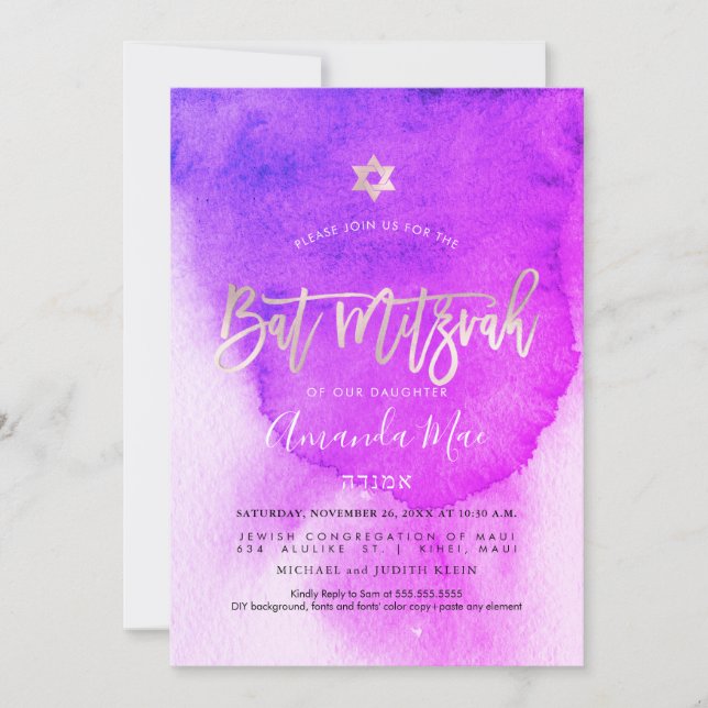 PixDezines Watercolor Pink+Platinum Bat Mitzvah Invitation (Front)
