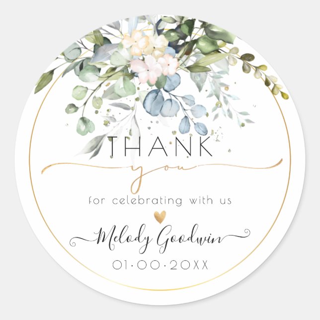 PixDezines Watercolor Rustic Blue Gum Eucalyptus Classic Round Sticker (Front)