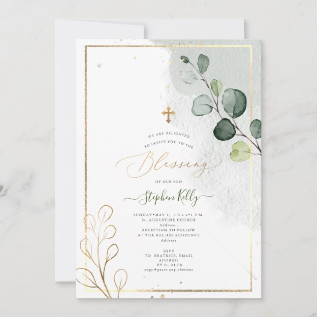 PixDezines Watercolor Rustic Eucalyptus Baptism Invitation (Front)