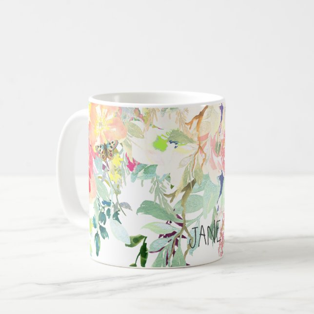 PixDezines Watercolor Spring, Peach+Mint Coffee Mug (Front Left)